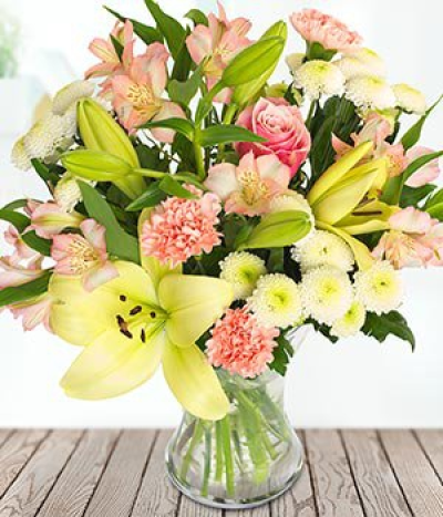 That’s Nice - A delightful pale yellow and soft pink bouquet, featuring the finest roses, carnations, alstroemeria, lilies and chrysanthemum. The perfect gift to tell them just how wonderful they are.