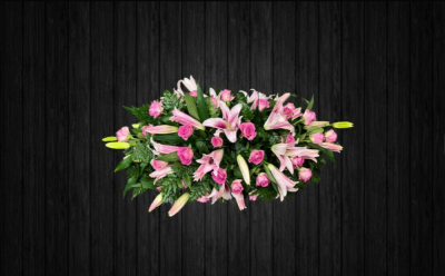 Scented Love - CSK65 - Oriental all pink rose and lilly coffin spray with foilage. Price: 3ft Standard - 4ft Deluxe - 5ft Luxury