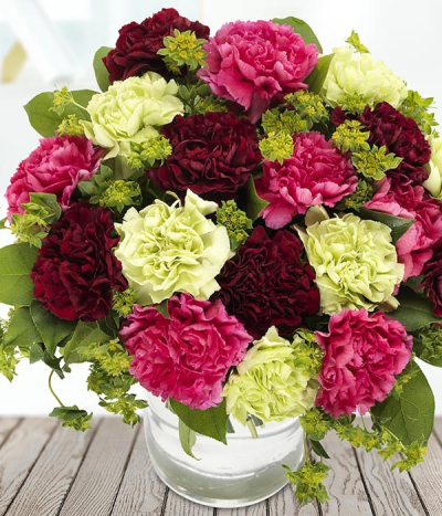Carnations Delight - Cheerful carnations blend beautifully to create this pretty bouquet. Featuring hot pink, red, and cream carnations, mixed with seasonal foliage.