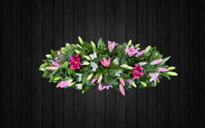Oriental Lilies - CSK88 - Pink and white lily coffin tribute beautifully arranged with foilage. Price: 3ft Standard - 4ft Deluxe - 5ft Luxury