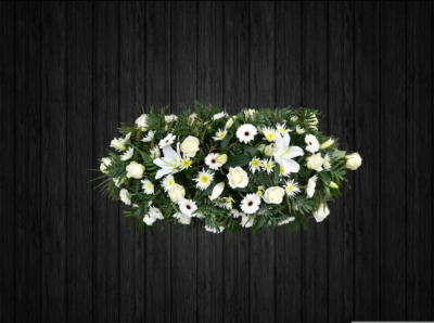 Heaven - CSK59 - Beautiful arramgement of all white coffin spray flowers includes lilies, germini, roses, chrysanthemums and mixed foilage. Price: 3ft Standard - 4ft Deluxe - 5ft Luxury