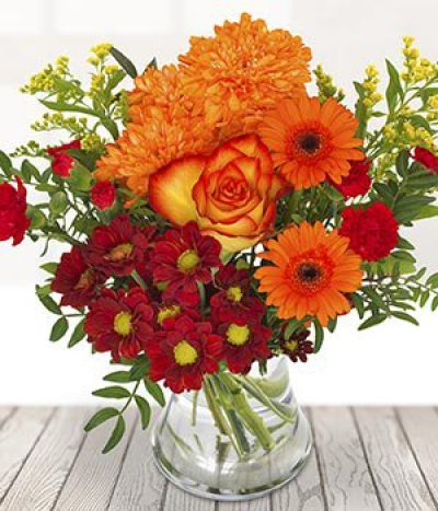 Amber - In the heart of this bouquet is a single rose. The spray carnations are small and placed around the rose with delicate germinis flanking the rose which are our customer favourites. Finished with solidago for a pop of yellow. All lovingly delivered whilst the flowers are in bud, which protects the flowers and makes them last longer.