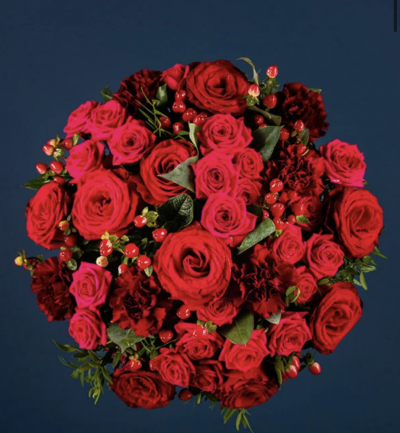 Deluxe Romance - The ultimate romantic gesture! This luxurious red and burgundy bouquet is the perfect way to show someone how much they mean to you. The stunning arrangement features deep red and cerise spray roses, red hypericum with burgundy carnations and foliage to complement.