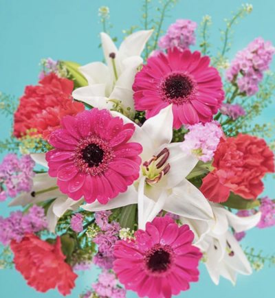 Floral Meadow - A beautiful mix of cerise germini, carnations and white lilies complemented with delicate foliage.