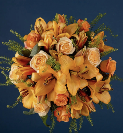 Peach Lily & Rose - Our Peach Lily & Rose bouquet is filled with peach lilies, roses and fresh green foliage.