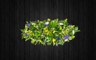 Country Spray - CSK89 - Brightly colours spring themed spray in yellow, blue, white colours using iris, freesia, germini, solidago, chrysanthemums, soft ruscus, leather leaf. Price: 3ft Standard - 4ft Deluxe - 5ft Luxury