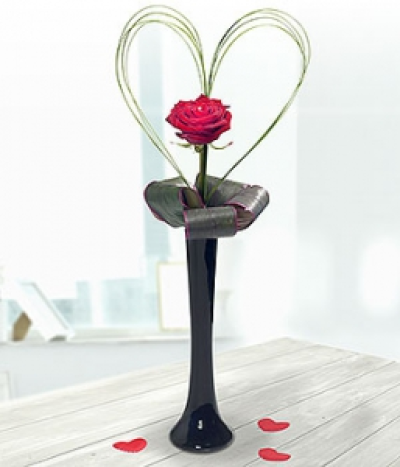 My Heart - Give your heart and a single red Rose with this stunning black glass vase arrangement.
