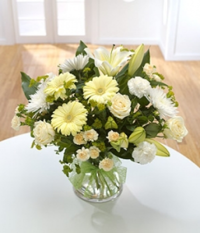 Purity - Cream Rose, White Lily, Cream Gerbera, White Bloom Chrysanthemum, White Carnation, Cream Spray Carnation, Aspidistra Leaf, Bupleurum.