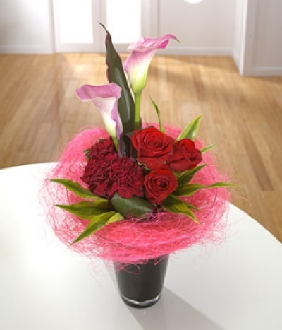 Salsa - Clothed in a pink sisal collar, pink Calla Lilies show they're above the rest! Base flowers include deep red Roses and Carnations on a bed of foliage.