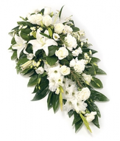 Single Ended Spray - A classic single ended spray of white Roses, Lilies, Eustoma and Gladioli with dark green foliage. Size: 69cm (27").