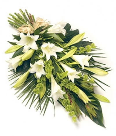Lily Sheaf - A classic and natural sheaf of Longiflorum Lilies, 'Bells of Ireland' and complementary foliage tied with a natural raffia bow. Size: 64cm (25").