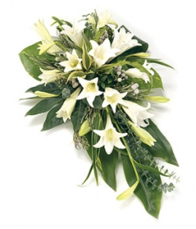 Single Ended Lily Spray - A classic and stylish single ended spray of Longiflorum Lilies and complementary foliage. Size: 69cm (27").
