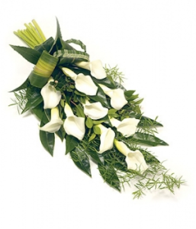 Calla Lily Sheaf - A classic and natural sheaf of Calla Lilies and complementary foliage tied with a natural bow. Size: 64cm (25").