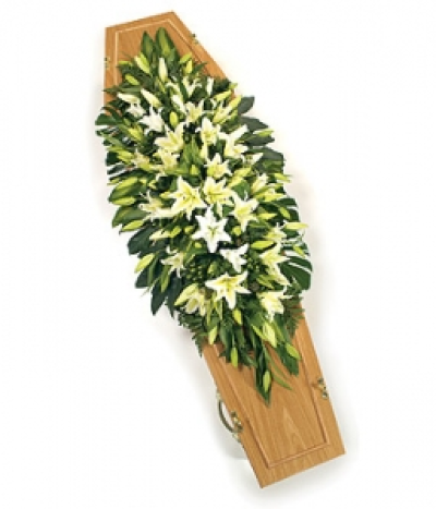 Double Ended Lily Spray - Double ended spray of Oriental Lilies and complementary foliage. Casket Sprays sometimes referred to as Double Ended Sprays are designed to adorn Coffins and Caskets. Casket Sprays are usually chosen by close family or the person who is liaising with the funeral directors regarding the funeral arrangements. Our Casket Sprays are available in a wide range of styles, colours and sizes designed to suit your specific requirements.