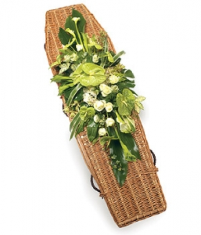 Double Ended Green Spray - A beautiful casket spray using exotic flowers & foliage, including Anthuriums, Calla Lilies and Roses with complementary foliage.
