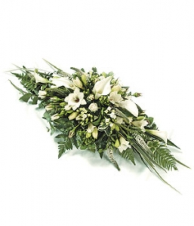 White & Green Spray - Childs spray with white calla lilies and freesia and spray roses with complementary foliage. Size: Width - 61cm (24").