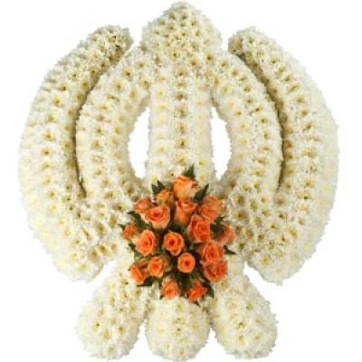 Sikh - Khanda Tribute - A mass of white Chrysanthemums form the Khanda tribute topped with a spray of Roses. A representation of the Nishan Sahib.