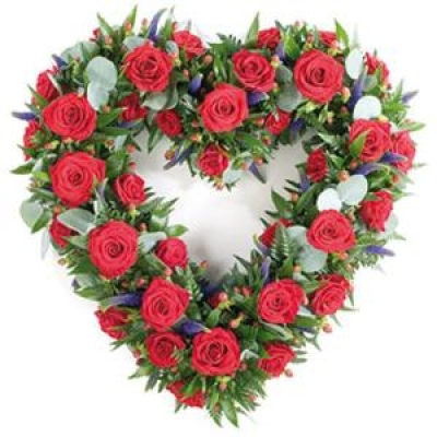Open Heart - A lovely open heart tribute lush deep Red Roses with contrasting Purple Veronica and subtle foliage.