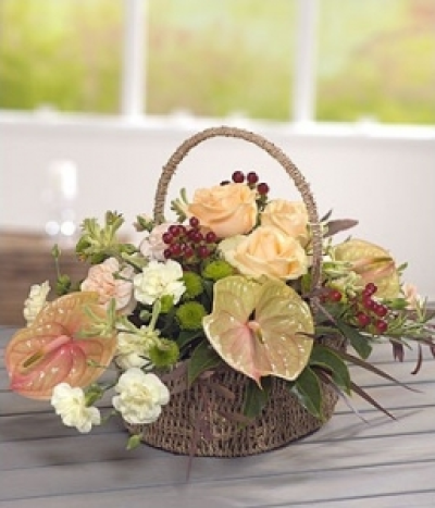 Peach Perfection - A delicate flower basket colour combination of peaches and cream. Roses, Chrysanthemums and Carnations are the order of the day accompanied by Hypericum berries, intertwined with Rosemary.