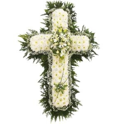 Massed Cross Tribute - This emotive, massed cross tribute is detailed with white seasonal blooms, and edged with gypsophila and foliage. Price: Small 2ft £55. 00 Standard 3ft £75. 00, Luxury 4ft £100. 00, Superior 5ft £150. 00, Extra Superior 6ft £180. 00 Medium size displayed 100cm (3ft).