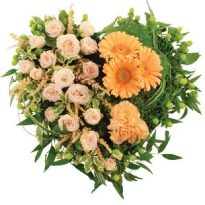 Country Garden Heart - This loosely arranged heart shaped cushion includes peachy coloured spray roses and gerberas with lush foliage and hypericum. Sending a floral heart tribute to a funeral makes a deeply personal statement and is indicative of the love and compassion felt by immediate family or the closely bereaved. Our beautiful range of heart designs come in a tasteful variety of shapes, colours and sizes. Available in any colours.