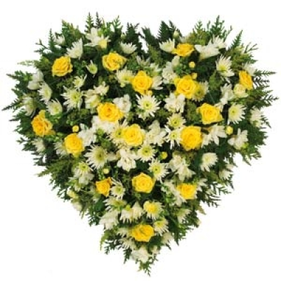 Last Sunrise - Dainty yellow roses and carnation flowers, arranged in this loose-style heart-shaped sympathy tribute. Sending a floral heart tribute to a funeral makes a deeply personal statement and is indicative of the love and compassion felt by immediate family or the closely bereaved. Our beautiful range of heart designs come in a tasteful variety of shapes, colours and sizes. Available in any colours. Price: Small 15" £60. 00, Standard 18" £80. 00, Luxury 21" £100. 00, Superior 24" £120. 00