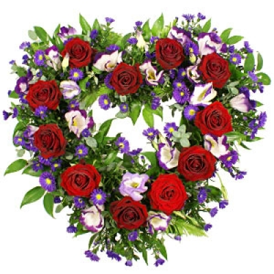 Purple and Red Heart - A delicate heart-shaped wreath, bursting with fresh flowers in shades of purple and red. Arranged with an almost "cottage garden" feel, this pretty wreath includes September flower and lisianthus, with eucalyptus and fresh ruscus, finally finished with beautiful red roses.  