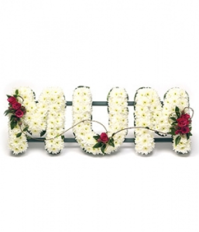 Mum - Floral Tribute - Delicate flowers styled in the letters of your choice. Maximum of 7 characters. Available in any colours and flowers.