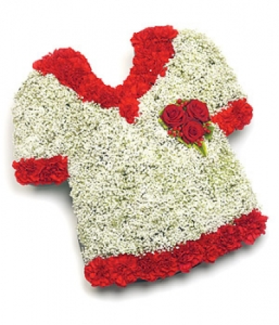 Red Edged Football Shirt - Football shirt made from Carnations, Roses and Gypsophila. Size: Base - 54cm (21") Height - 54cm (21").