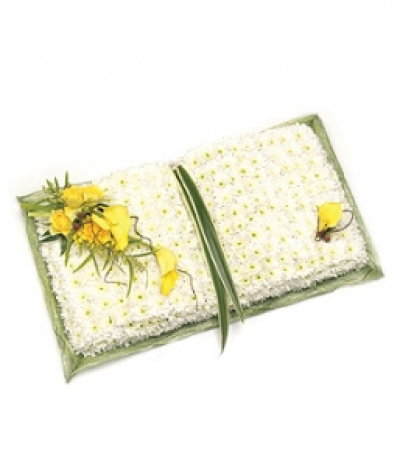 Open Prayer Book - White Chrysanthemum based 'Open Prayer Book' design with yellow spray of Roses, Calla Lilies and Mimosa with complementary foliage. Size: Height - 31cm (12") Width - 61cm (24"). Available in any colours and styles.