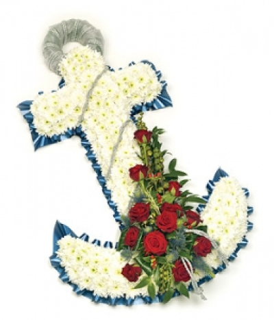 Anchor Design - Based Chrysanthemum wreath with ribbon edge and spray of red Roses and complementary foliage. Size: Height - 61cm (24") Width - 37cm (15"). Available in any colours and styles