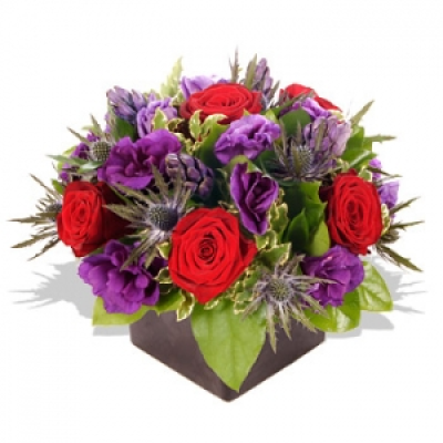 Back To Black - This sensual vase arrangement will certainly make an impact anyone lucky enough to receive this dark, striking arrangement. A bold mixture of Grand Prix red roses, blue hyacinths, lisianthus and thistles in a ceramic black cube makes this a tempting flower arrangement for both male and female recipients of all ages.