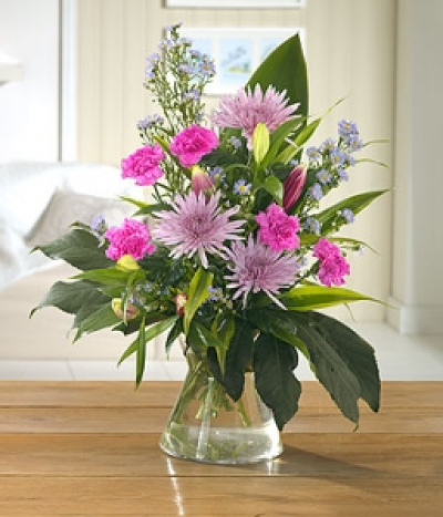 Vienna - This stunning bouquet of Asters, Carnations, Lilac Anastra and Cobra are an out of the ordinary. Hand-Tie in water.