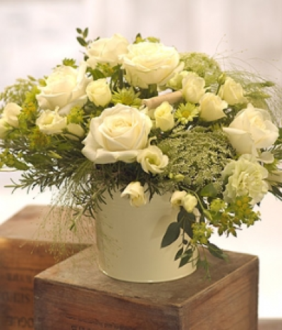 Summer Dreams - A beautifully cool summer colour combination of Roses, Lisianthus, Chrysanthemums and foliage, presented in a lovely cream flower bucket.