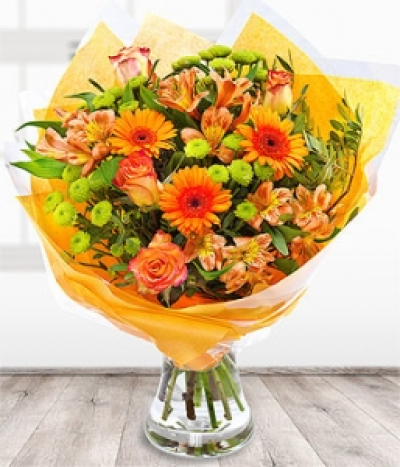 Harvest - The gorgerous orange Alstroemeria and Germini blooms married with Inka Roses simply zing against the luscious green Santini heads.