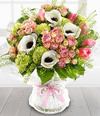 Simply Gorgeous - A pretty pink and white spring flower Bouquet featuring Roses, Anemone, Sweet William, Tulips and Carnations. Available during Spring