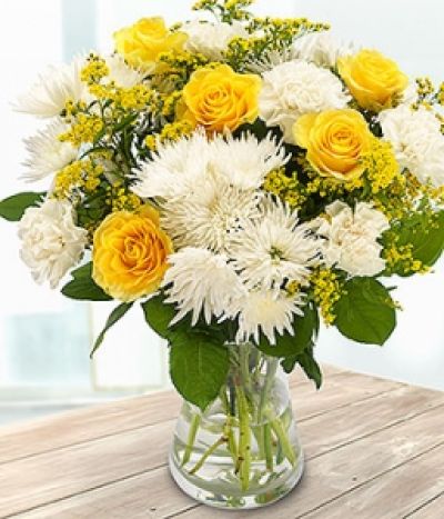 Fields of Gold - A glorious bright yellow Rose and white Chrysanthemum and Carnation bouquet, with a touch of yellow Solidago.
