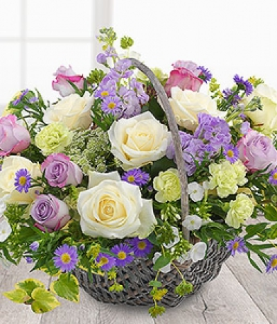 Country Garden Basket - A fantastically fragrant English Country Garden Flower Basket. White Roses, Ammi, Phlox and Asters carefully mixed with lilac Roses and Stocks.