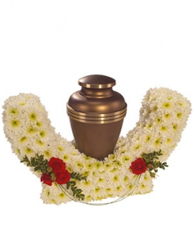 Urn Crescent - A traditional floral crescent to complement an urn. White spray Chrysanthemums, red spray Roses with a touch of variegated Box and a flourish of Bear Grass. Urn not included.
