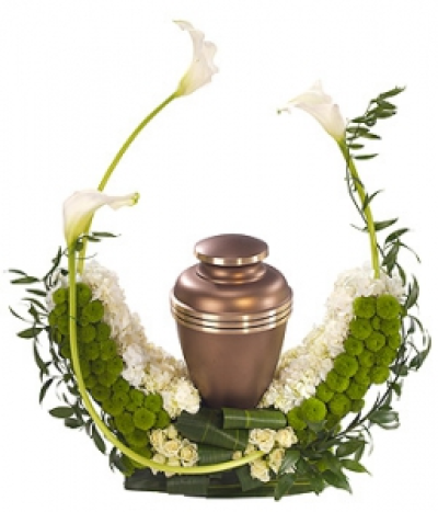Calla Lily Urn Crescent - An elegant white crescent creates a beautiful focal point for an urn. White Hydrangea and Calla Lilies are the feature with spray Roses and green spray Chrysanthemums. Urn not included.