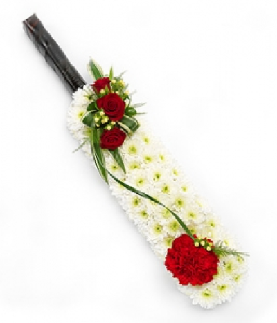 Cricket Tribute - A cricket bat and ball shaped tribute. Red Roses and Carnations with white spray Chrysanthemums with a touch of variegated Dracaena, white Hypericum, black Cordyline and Asparagus Fern.