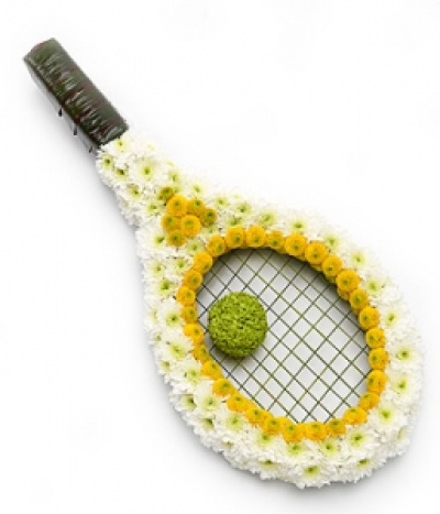 Tennis Racket Tribute - A tennis racquet shaped tribute. White and yellow spray Chrysanthemums with green Viburnum and red Dracaena.