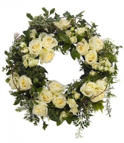 White Wreath - A beautiful white Rose and Jasmine wreath with a generous mix of foliage.