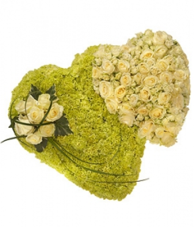White Rose Double Heart - A gorgeous double heart wreath, one featuring white Roses, the other green Carnations with a spray of white Roses and a Lily Grass flourish.