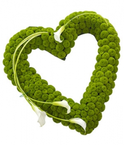 Calla Lily Open Heart - A Calla Lily open heart with green spray Chrysanthemums and Aspidistra leaves.