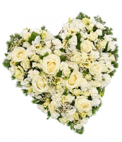White Rose Heart - A classic white Rose and Hydrangea heart with Carnations and cream Lisianthus.