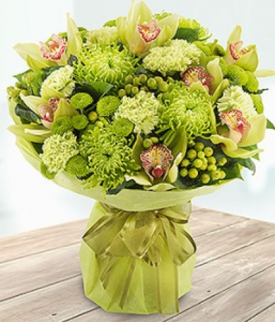Emerald Green - A luscious green aqua pack bouquet featuring incredibly beautiful Cymbidium Orchids, Chrysanthemums, Carnations and Hypericum Berries. Absolutely stunning.