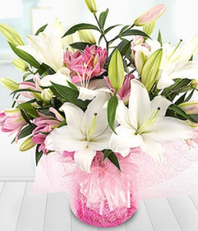 Lovely Lilies - A timeless classic. White and pink Lilies in an aqua pack bouquet, ready to display.
