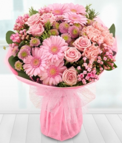 Pink Lemonade - A perfectly pink Rose, Germini, Bouvardia, Chrysanthemum and Carnation aqua pack bouquet with a hint of Rosemary.